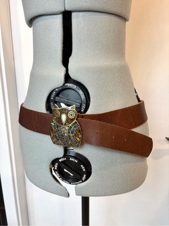 Rustic 1.5”Leather Belt with Cloisonné Owl Buckle, unisex, 31-36” main image 10